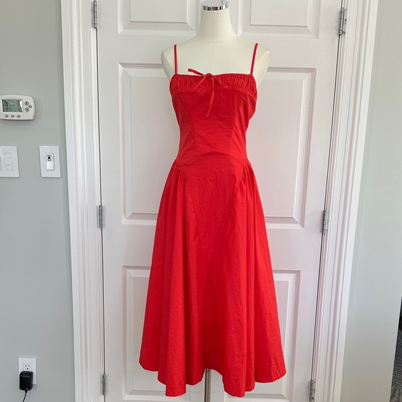 Aur Society Dresses & Skirts - Aur Society Poppy Red Shirred Bodice Fit & Flare 100% Cotton FLOWY Dress Size S